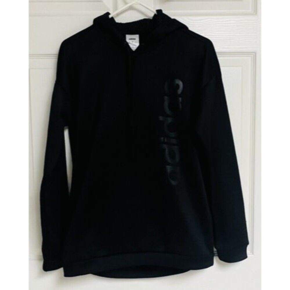 Adidas Men Hoodie Small Black Logo Spellout Aeroready Fleece Pullover GUC